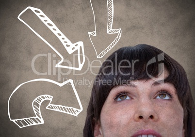Top of 3d woman head looking at white downward arrows against brown background with grunge overlay