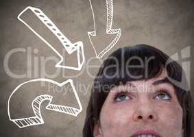 Top of 3d woman head looking at white downward arrows against brown background with grunge overlay