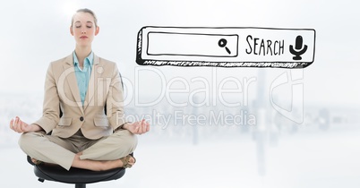 Business woman meditating against blurry white skyline with search bar