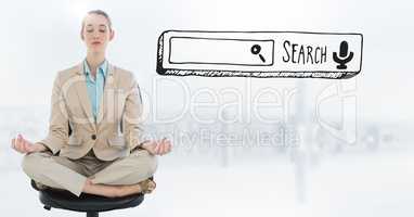 Business woman meditating against blurry white skyline with search bar