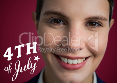 Portraiture of 3d woman with white fourth of July graphic against maroon background