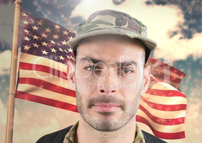 Close up of 3d soldier face in front of american flag