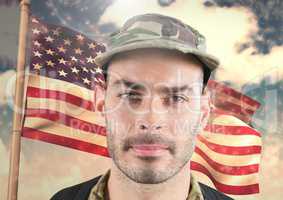 Close up of 3d soldier face in front of american flag