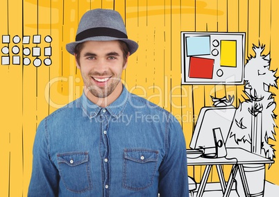 Millennial man smiling against yellow hand drawn office