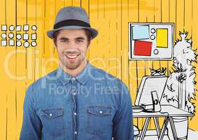 Millennial man smiling against yellow hand drawn office