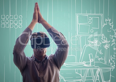 3d Man in virtual reality headset against aqua and white hand drawn office