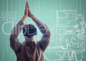 3d Man in virtual reality headset against aqua and white hand drawn office