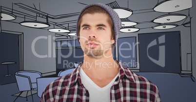 Millennial 3d man in beanie against blue hand drawn office