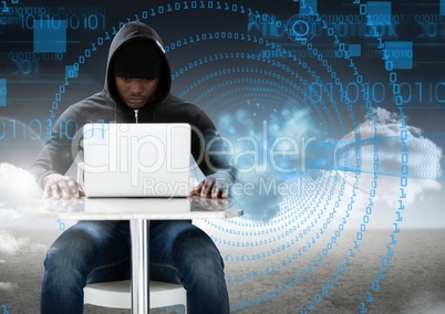 Hacker using a laptop in front of digital signs