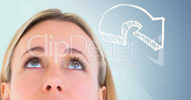 Top of woman's head looking at 3D white downward arrow against blue background