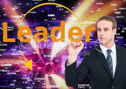 Businessman writing LEADER on the screen. web market background.