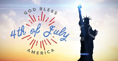 Fourth of July graphic against evening sky with statue of liberty