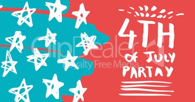 White fourth of July graphic against hand drawn star pattern and red background