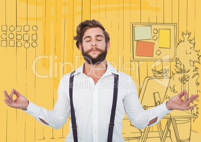 Millennial man meditating against 3D yellow hand drawn office