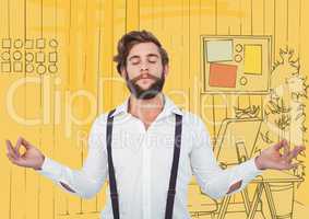 Millennial man meditating against 3D yellow hand drawn office