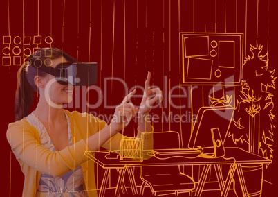 young woman with 3D glasses overlap with new office orange lines on dark red background