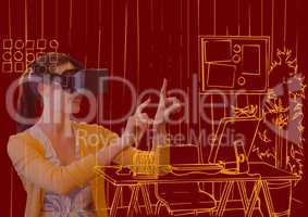 young woman with 3D glasses overlap with new office orange lines on dark red background