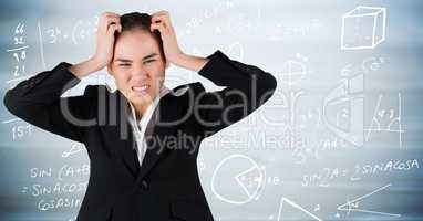 Frustrated business woman against blurry blue wood panel and math graphics