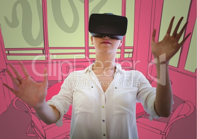 Woman in virtual reality headset against green and pink hand drawn office