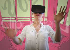 Woman in virtual reality headset against green and pink hand drawn office