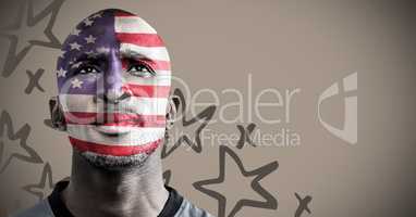 3D Portraiture of man with american flag face paint against brown background with hand drawn star pa