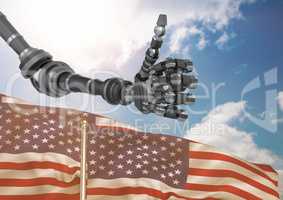 Robot with thumbs up against the sky and 3D american flag