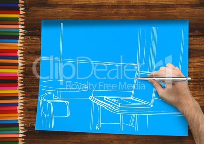 hand drawing office white lines on blue paper. In the a desk with pencils
