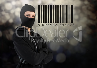 Woman hacker with hood in front of grey background with a bar code