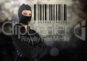 Woman hacker with hood in front of grey background with a bar code