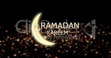 Yellow ramadan graphic against black background with lights