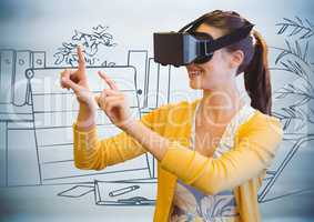 Woman in virtual reality headset against 3D blue hand drawn office