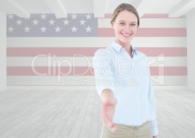 business woman shaking her hand against american flag