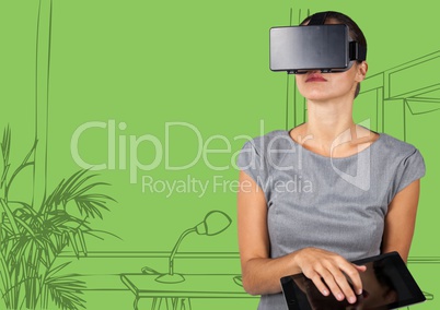 Business woman in virtual reality headset with tablet against 3D green hand drawn office