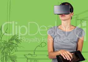 Business woman in virtual reality headset with tablet against 3D green hand drawn office