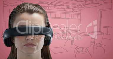 Woman in virtual reality headset against pink and grey hand drawn office