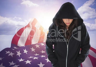 American Flags with woman in black hood