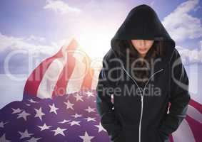 American Flags with woman in black hood