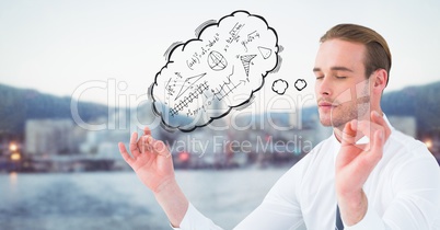 Business man meditating with thought cloud showing math doodles against blurry skyline and water