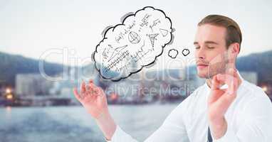 Business man meditating with thought cloud showing math doodles against blurry skyline and water