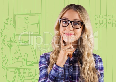 Millennial woman thinking against green hand drawn office