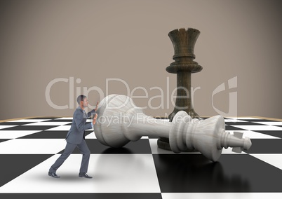 Business man pushing 3D chess piece against brown background