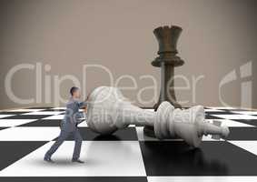 Business man pushing 3D chess piece against brown background