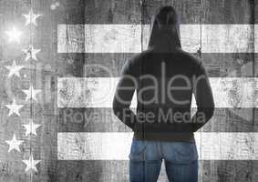 Rear view of man against Black and white american flag