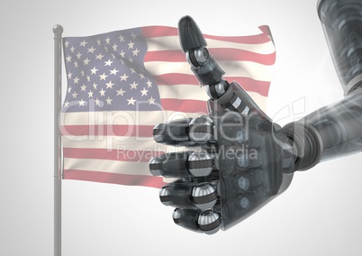 Robot with thumb up  against american flag