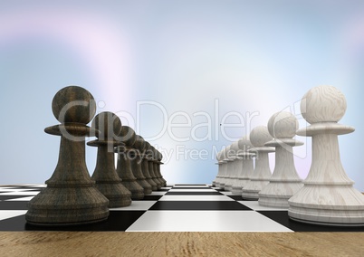 3D Chess pieces against purple abstract background