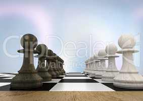 3D Chess pieces against purple abstract background
