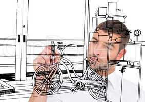 man drawing 3D office lines on the screen