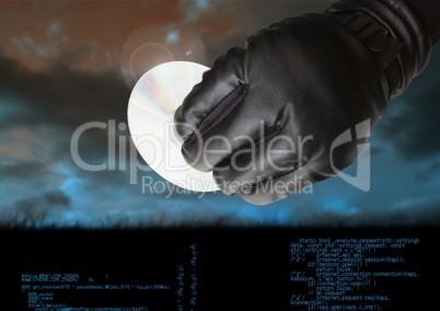 Gloved hand holding a CD in front of cloudy background