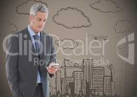 Business man texting against brown background with 3D city doodle
