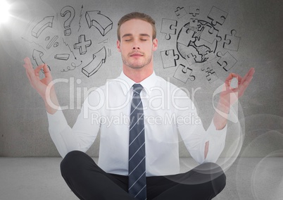 Business man meditating in grey room with flare and jigsaw, 3D arrow doodles